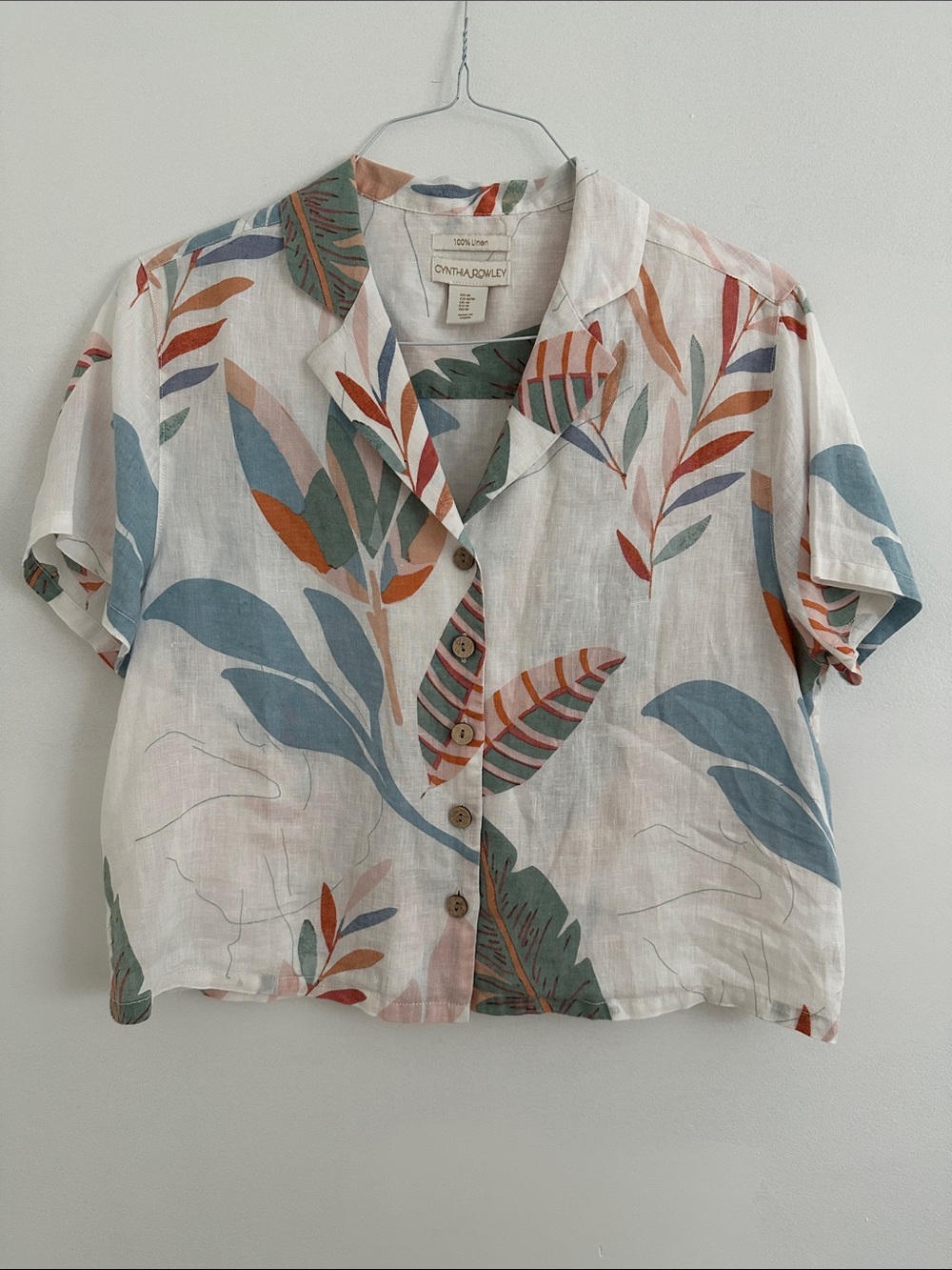Cynthia Rowley White Linen Tropical Print Button-Front Top